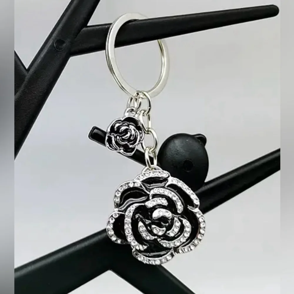NEW Black Camellia Rhinestone Bag Charm Keychain Silver Tone NWT
